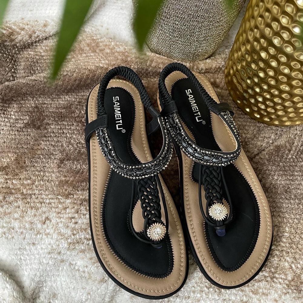 Black beaded slingback thong sandals